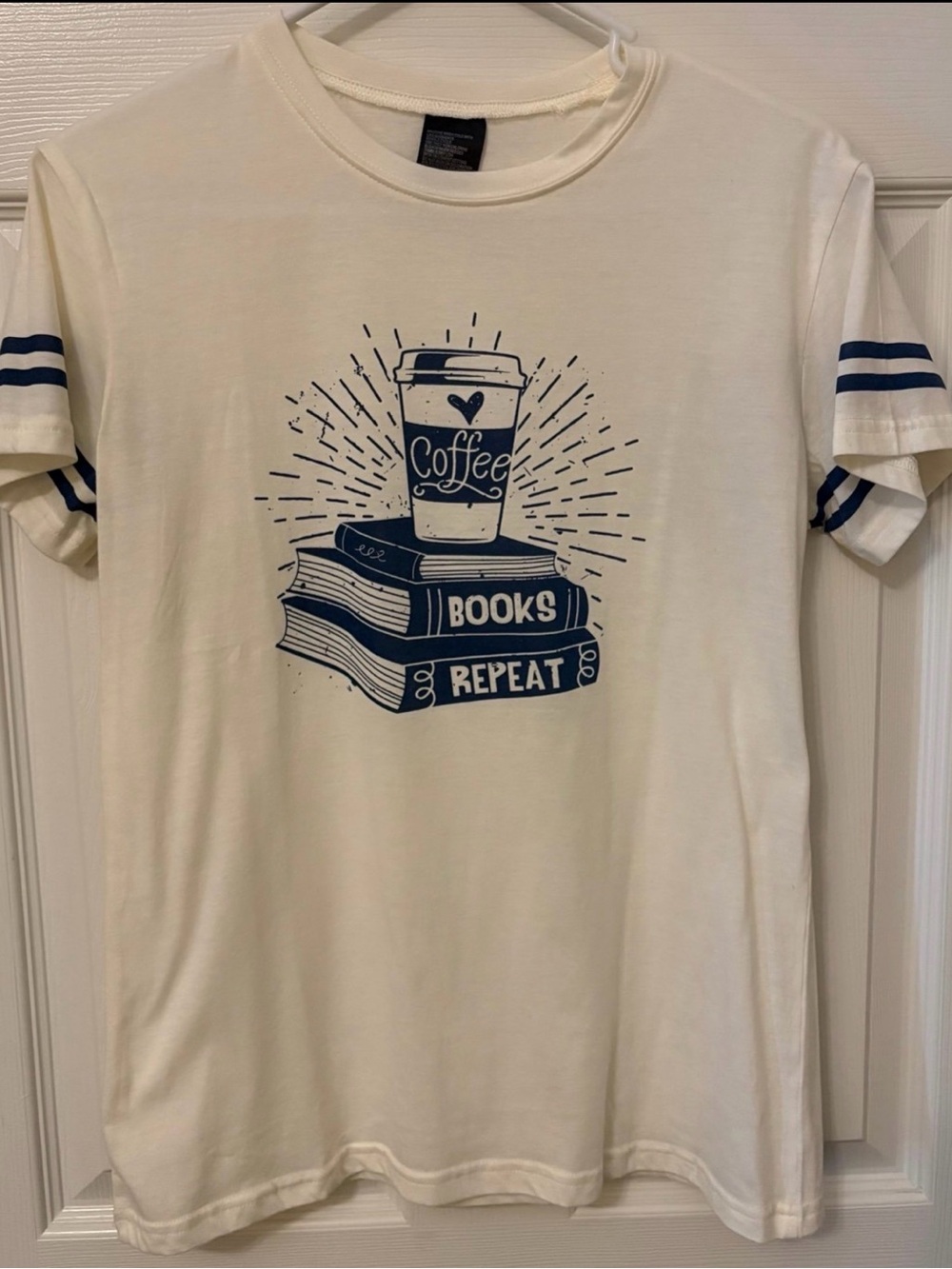 Coffee, Books & Repeat Graphic Tee - Cream with Navy Print